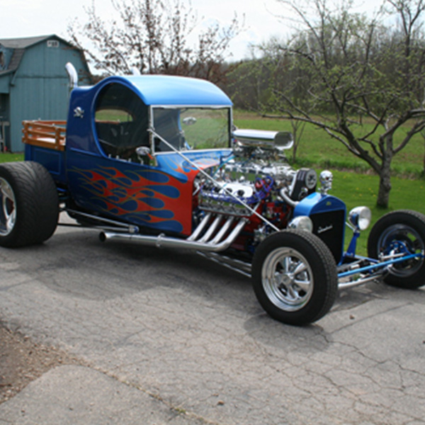 blue car with flames